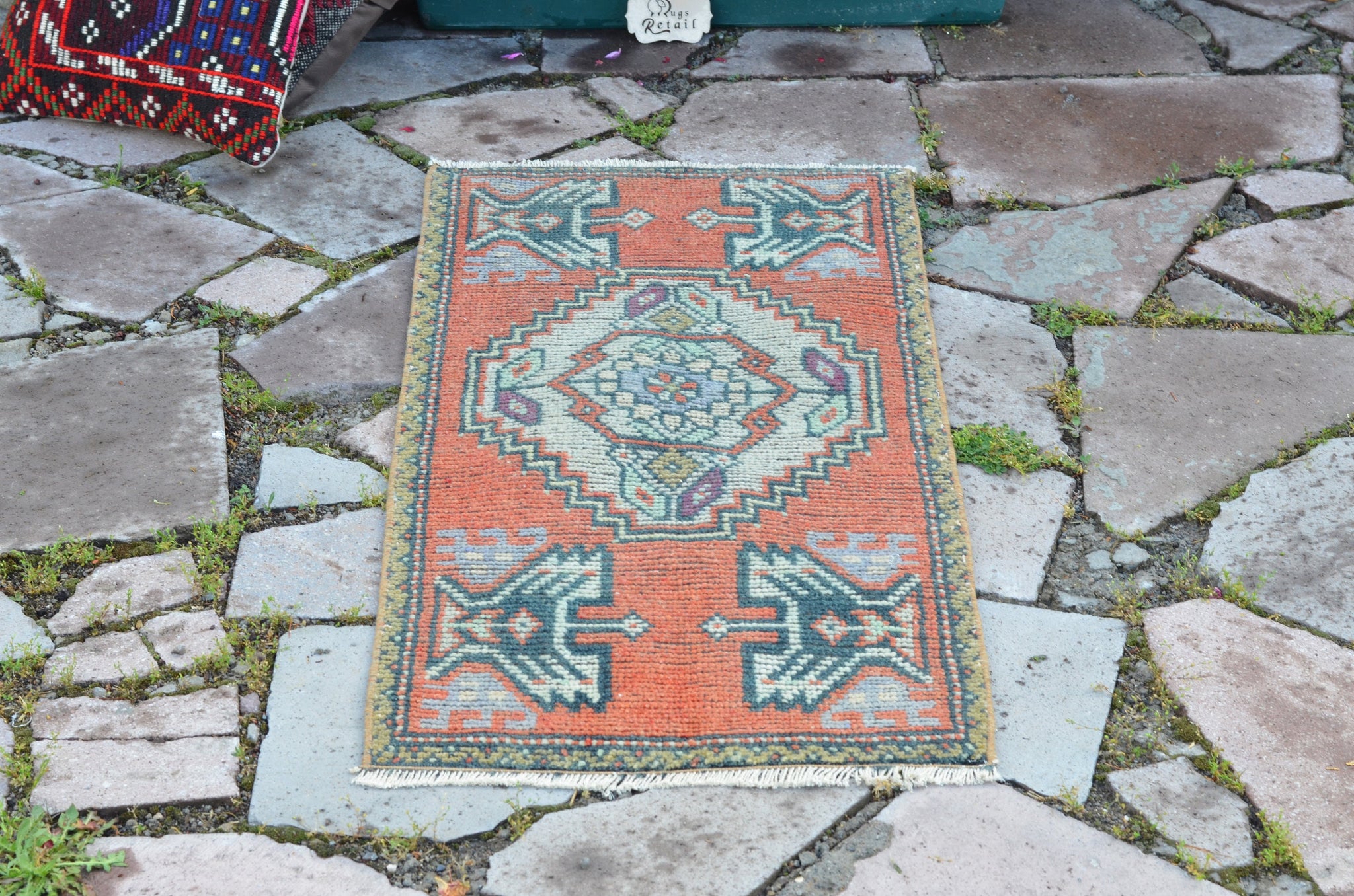 Vintage Handmade Turkish small area rug doormat for home decor, bathroom rug, area oushak rug bathroom mat kitchen kilim rug, rug 3.4X1.6, 664648