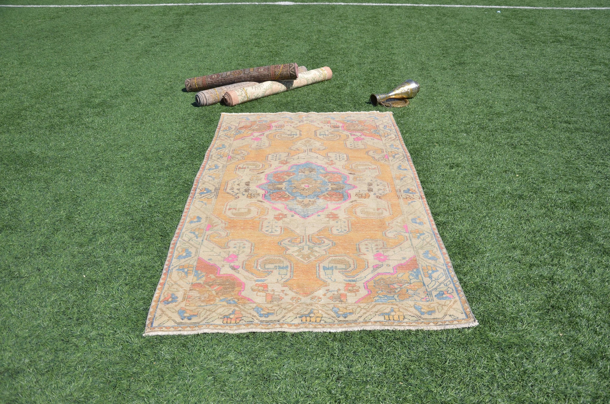 Yellow Vintage Turkish Anatolian rug for home decor, area rug, oushak rug boho rug bedroom rug kitchen rug  bathroom rug kilim, rugs 7x4, 665043