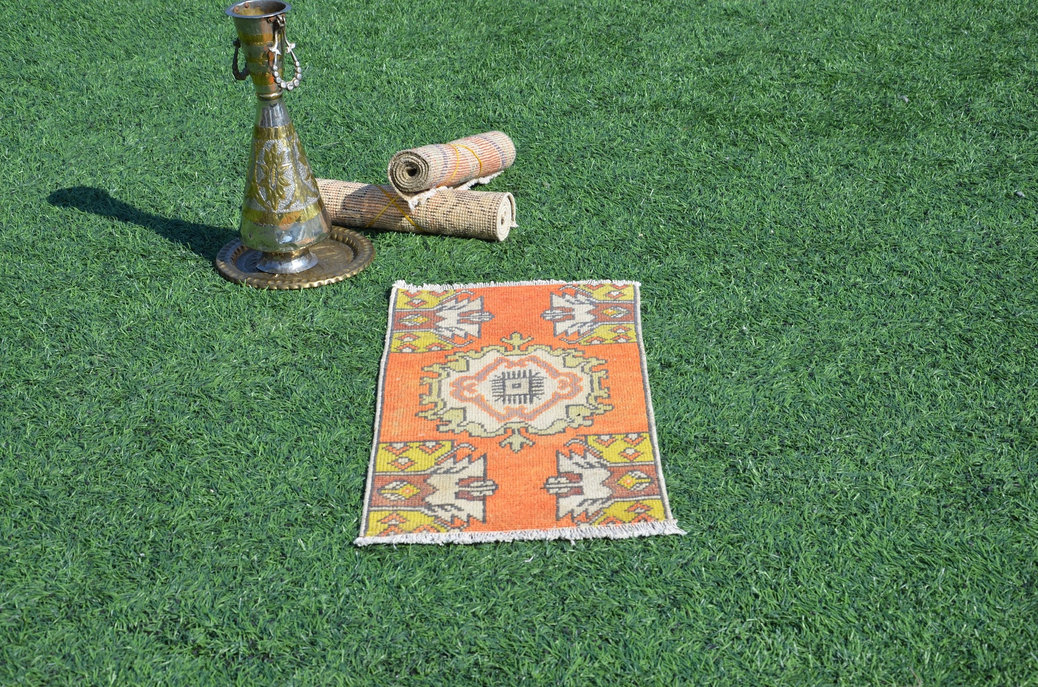 Natural Turkish Vintage small area rug doormat for home decor, bathroom rug, area oushak rug bathroom mat kitchen rug kilim rug, rug 2.6X1.3, 665124