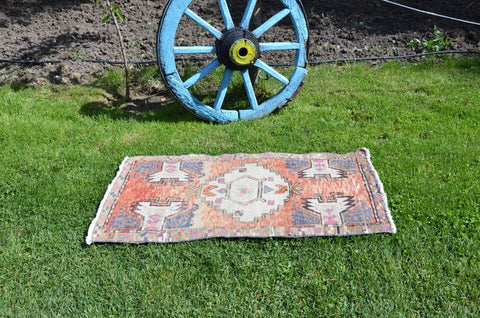 Turkish Handmade Vintage small area rug doormat for home decor, bathroom rug, area oushak rug bathroom mat kitchen kilim rug, rug 3.3x1.7, 664576