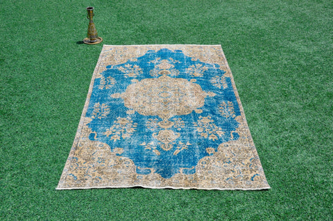 Unique Blue Turkish large Vintage rug for home decor, oversize rug, area rug oushak rug boho rug bedroom kitchen rug  kilim rug, rugs 5x9, 665364
