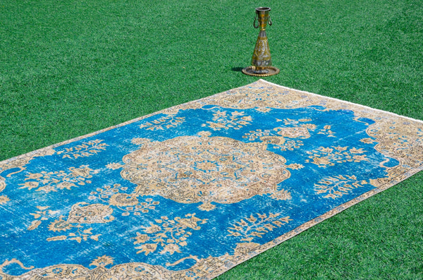 Unique Blue Turkish large Vintage rug for home decor, oversize rug, area rug oushak rug boho rug bedroom kitchen rug  kilim rug, rugs 5x9, 665364