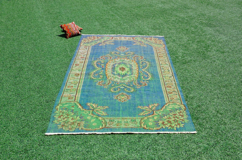 Unique Blue Turkish large Vintage rug for home decor, oversize rug, area rug oushak rug boho rug bedroom kitchen rug  kilim rug, rugs 7x10, 665378