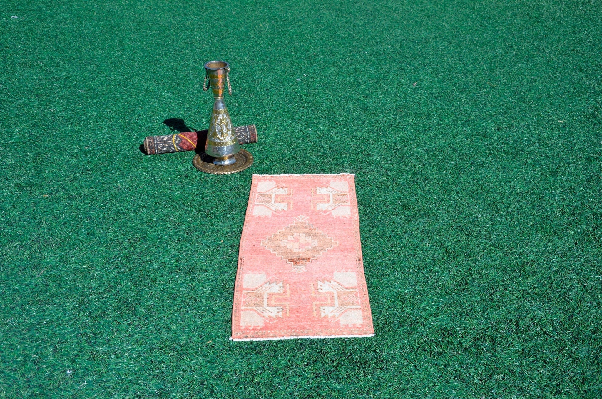 Handmade Turkish Vintage small area rug doormat for home decor, bathroom rug, area oushak rug bathroom mat kitchen kilim rug, rug 3.4X1.4, 665802