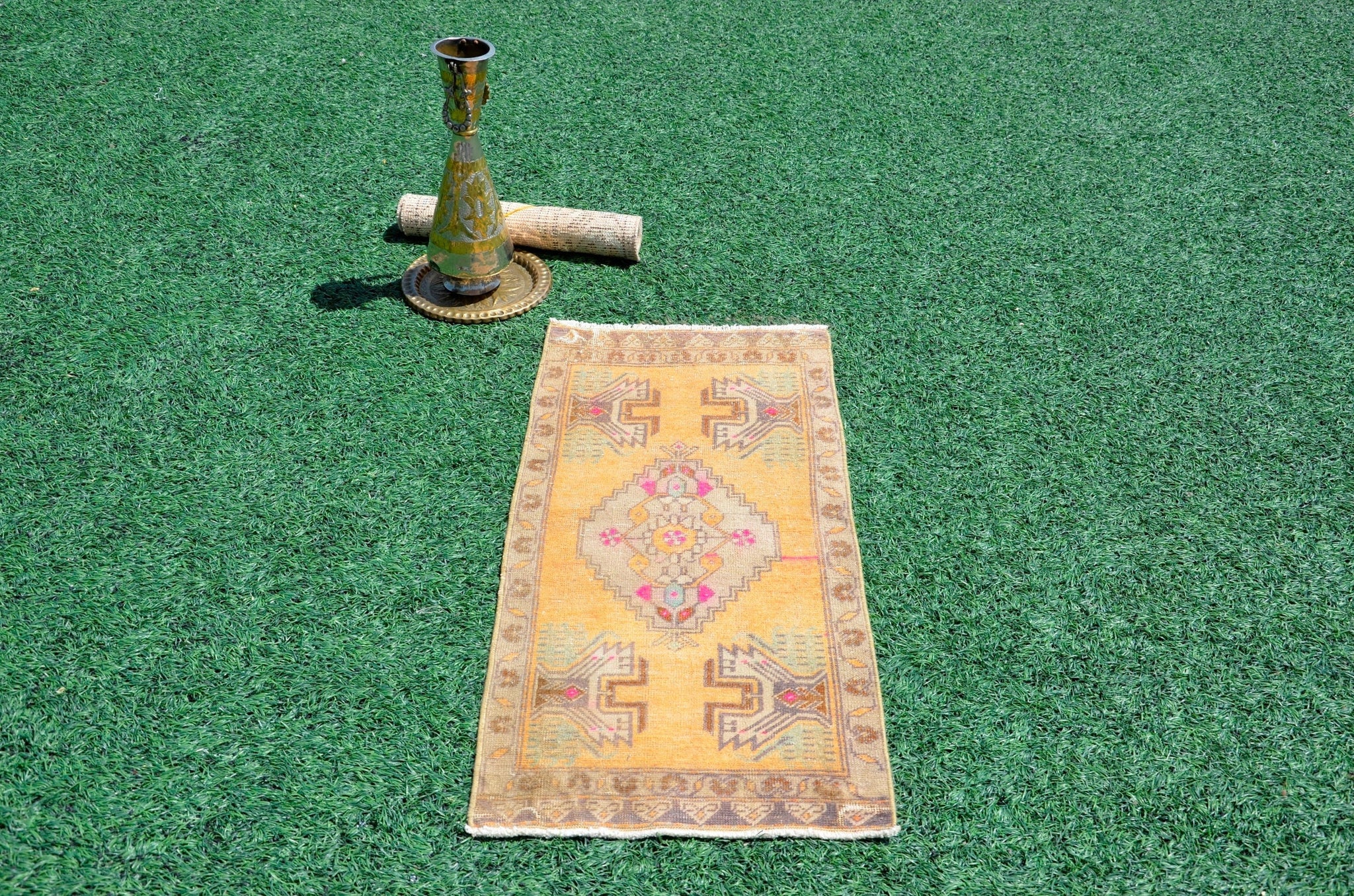 Handmade Turkish Vintage small area rug doormat for home decor, bathroom rug, area oushak rug bathroom mat kitchen kilim rug, rug 3.4x1.6, 665971
