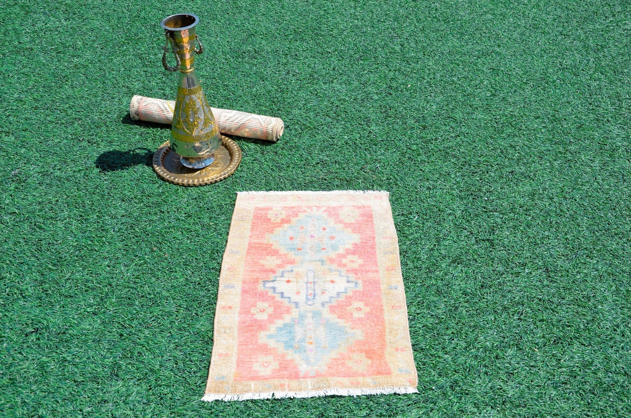 Handmade Turkish Vintage small area rug doormat for home decor, bathroom rug, area oushak rug bathroom mat kitchen kilim rug, rug 2.3X1.5, 665822