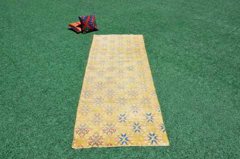 Turkish Handmade Vintage runner rug for home decor, area rug, Anatolian oushak rug boho rug kitchen rug  bathroom rug kilim, 9'8" x 3'4", 666426