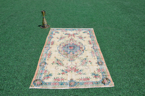 Unique Natural oushak Turkish rug for home decor, Vintage rug, area rug boho rug bedroom rug kitchen rug kilim rugs handmade, rugs 4x7, 666314
