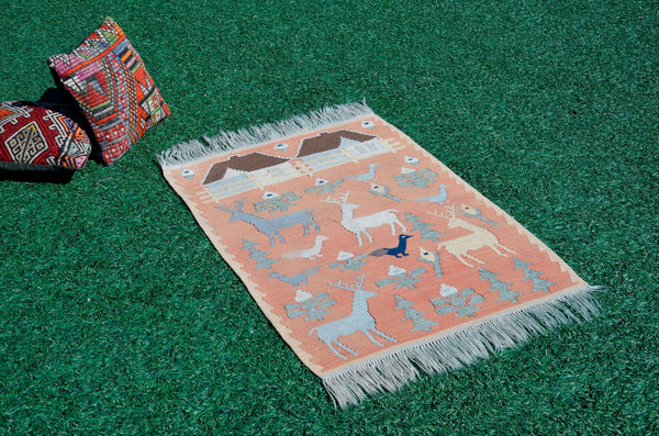 Small area Handmade Turkish Vintage rug for home decor, bathroom rug, area rug oushak rug boho rug kitchen rug  kilim rug door mat, rugs 3x4, 666220